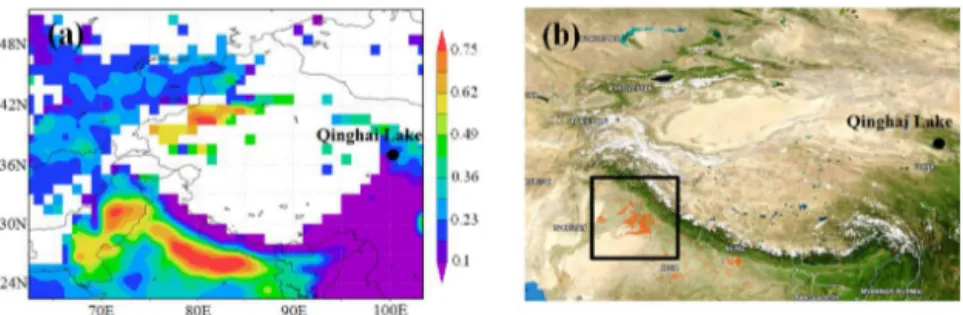 Figure 5. Regional distributions of (a) aerosol optical depth (AOD) and (b) fire counts map over the Qinghai–Tibetan Plateau derived from MODIS observations during 16–27 November 2012.