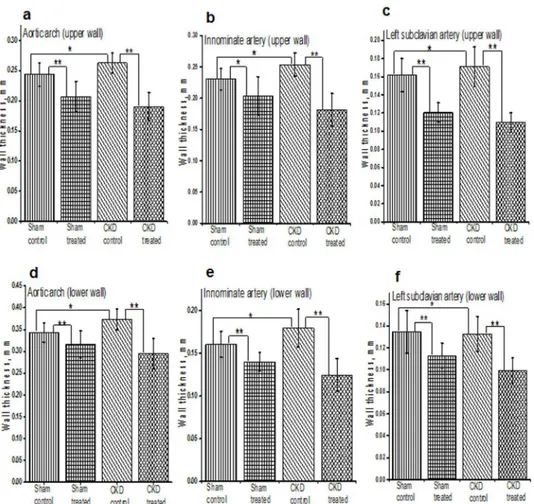 Fig 2. Histograms shows the quantitative analysis of mean arterial wall thickness in treated and untreated groups of sham and CKD mice