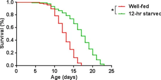Fig 3. Kaplan-Meir survival curves of well-fed (n = 117) and 12-hr starved (n = 112) early L4 larvae.