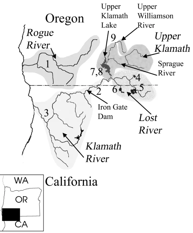 Fig 3. Map showing Klamath and Rogue basins with shaded sub-basins and sub-basin designations used in study