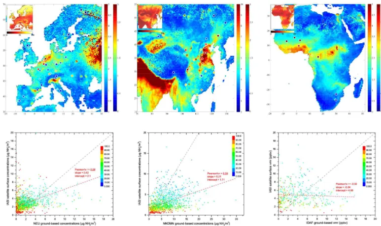 Figure 3. Top: ground-based quantities (left vertical color bar) from NEU (µg m − 3 , left panel), NNDMN (µg m − 3 , middle panel) and IDAF (ppbv, right panel) data sets plotted on top of the NH 3 satellite columns ( × 10 16 molec cm −2 , right vertical co