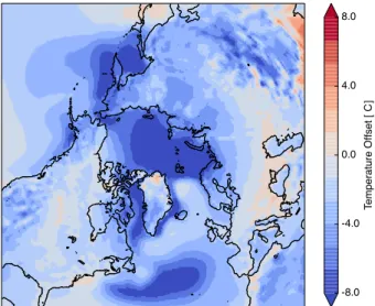 Figure 1. Di ff erence between the CCSM4 PD and ERA-Interim temperature (CCSM4 PD – ERA-Interim), interpolated onto the ice sheet model grid