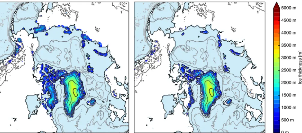 Figure 7. Ice distribution in the Northern Hemisphere for uncorrected preindustrial conditions (PI uc , left) and with subtracted temperature bias (PI bs , right)