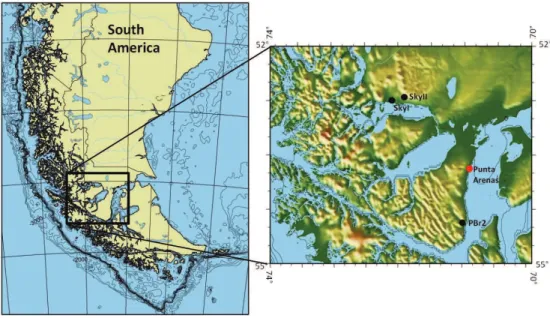 Fig. 1. Map of the study area in southern South America. Locations of the sampling sites are marked in the detailed map