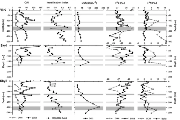 Fig. 4. C/N ratios of solid peat and DOM, FTIR derived humification indices (ratios of absorption at wavenumbers 1630/1090), DOC concentrations, δ 13 C and δ 15 N of solid peat and DOM at the sites PBr2 (top), SkyI (middle), and SkyII (bottom)