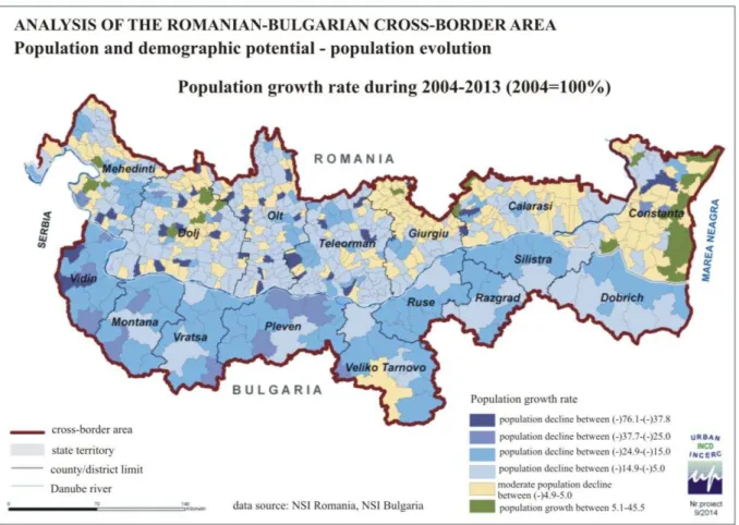 Figure 1. Population growth rate during 2004-2013 in the Romanian-Bulgarian cross-border area 