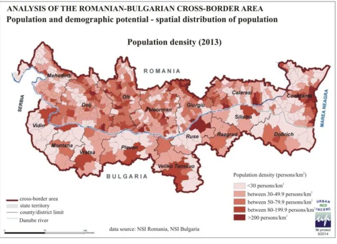 Figure 2. Population density in 2013 across the Romanian-Bulgarian cross-border area  Population structure according to the residential environment 