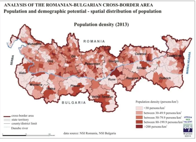 Figure 2. Population density in 2013 across the Romanian-Bulgarian cross-border area  Population structure according to the residential environment 