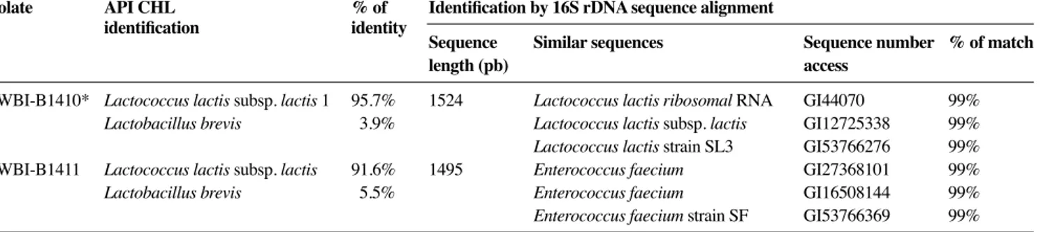 Table 6. Comparison between API and 16S rDNA identiﬁ  cations of the bacteriocin-producing bacteria — Comparaison des  résultats de l ʼ identiﬁ  cation des bactéries productrices de bactériocine par test API et par séquençage du gène codant pour  l ʼ ARN r