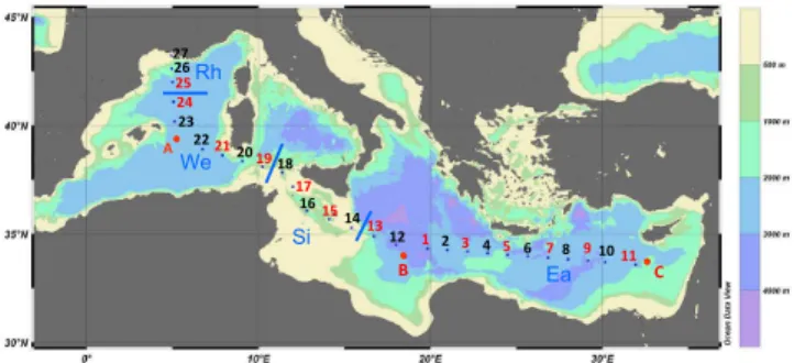 Fig. 1. Map of the BOUM transect. All stations were sampled for bacterial abundances and TChl-a whereas only stations indicated with a code in red were sampled for bacterial production
