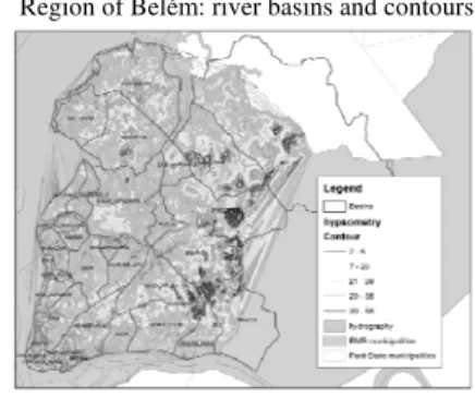 Fig. 1 The densest urbanized territory of the Metropolitan  Region of Belém: river basins and contours.