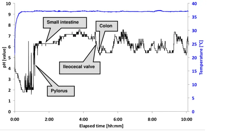 Fig 3. Example of pH-profile of the first 10 hours after intake of the IntelliCap capsule (subject 14).