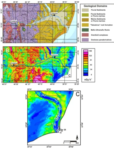 Figure 2: (A) Geological domains around the Doce River; (B) a map of dose per 