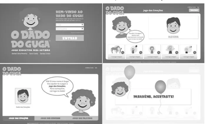 Figura 5. Telas do jogo O Dado do Guga, retiradas pelos autores do site. A imagem apresenta a tela de login, telas da atividade  Jogo das Emoções e a mensagem de acerto desta atividade