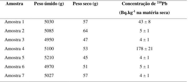 Tabela 2: Concentração de  210 Pb em amostras de palma forrageira da fazenda F-1. 