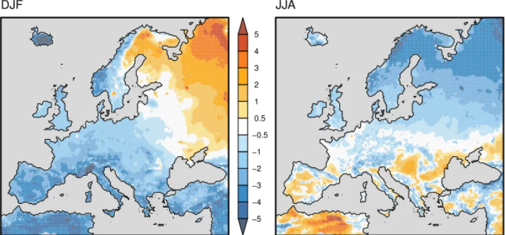 Figure 2. Spatial BIAS of near-surface air temperature (K) over the sample I K14 for DJF (left) and JJA (right)