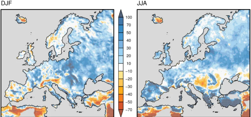 Figure 4. Spatial BIAS of precipitation (%) over the sample I K14 for DJF (left) and JJA (right).