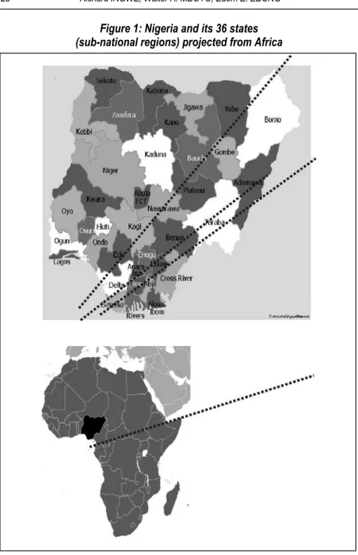 Figure 1: Nigeria and its 36 states   (sub-national regions) projected from Africa 