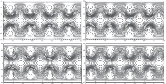 Figure 12. Numerical results of water depth for case 6 on grid G 12 at day 7 (top left), day 14 (top right) and on grid G 24 at day 7 (bottom left) and day 14 (bottom right).