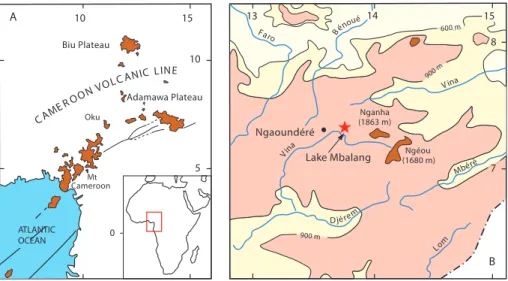 Fig. 1. (A): The Cameroon volcanic line; (B): Location of Lake Mbalang on the Adamawa plateau, central Cameroon.