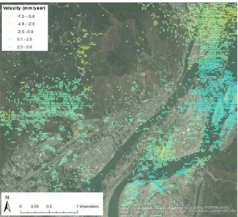 Figure 9: Mean displacement velocity of identified persistent  scatterers in LOS direction (in mm/year) superimposed on a  GoogleEarth image