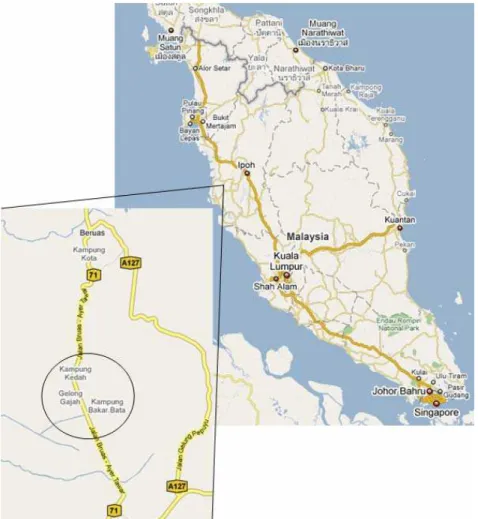 Fig. 1. Location of the clay pits and the brick factory in Beruas, Malaysia 