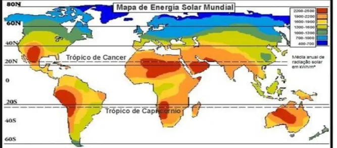 Figura 1: Mapa de radiação solar mundial. Fonte: Adaptado de AYÜN. 