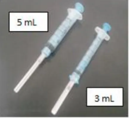 Figura 3. Seringas usadas para medir a amostra de  99m Tc com dois volumes diferentes: 3 e 5mL 