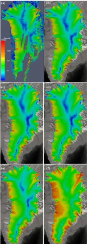 Fig. 1. GrIS surface velocities. (a) Observed surface velocities on the original regular 500 m × 500 m grid; Computed surface velocities: (b) after relaxation; after one century for (c)  experi-ment C1 BF1, (d) experiment C2 BF1, (e) experiment C2 BF2 and 