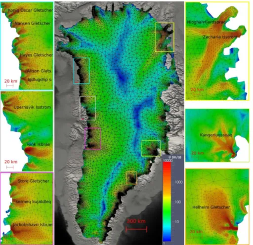 Fig. 2. Unstructured finite element mesh and model surface velocities after optimisation of the basal friction with the Robin inverse method, on the whole ice sheet and zooms on various outlets.