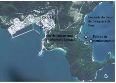 Figura 1: Locais de monitoramento na Enseada do Saco de Piraquara de Fora.  