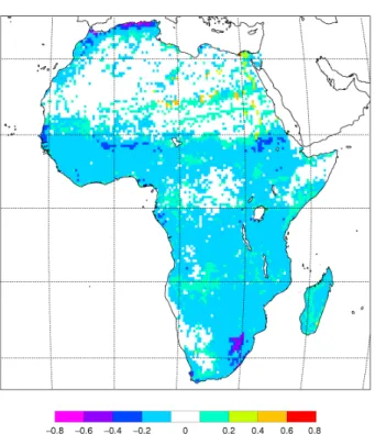 Fig. 6. Di ff erence in distance index (di) for monthly observed NDVI and modelled FPAR by adding land use functionality with cropland and pasture