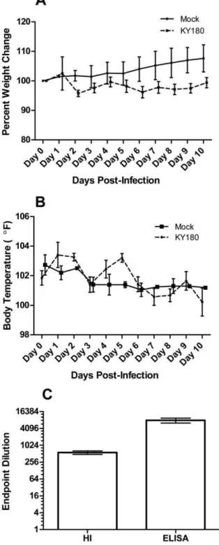 Figure 1. Characterization of KY/180 in female ferrets. A cohort of six control and six KY/180-infected ferrets were examined for A) body weight and B) temperature over a period of 10 days