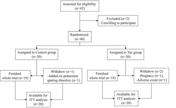 Figure 1. Study algorithm. One patient in the control group withdrew at the 8-week visit because of the addition of a prohibited drug in another department, one patient in the Tac group withdrew at day 1 after enrollment because of pregnancy and had taken 