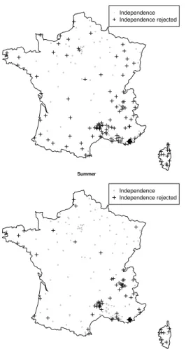 Fig. 3. Results of the independence test (α = 0.05) based on the Kendall’s tau between the depth and duration of major storm tested on each 217 rain gauge stations with the False 