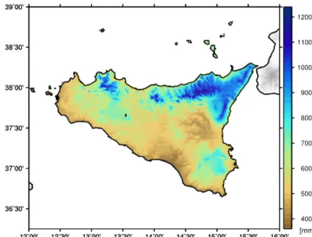 Figure 2. Climatic normals (1961–1990) of annual precipitation to- to-tals for Sicily at 30 arcsec resolution.