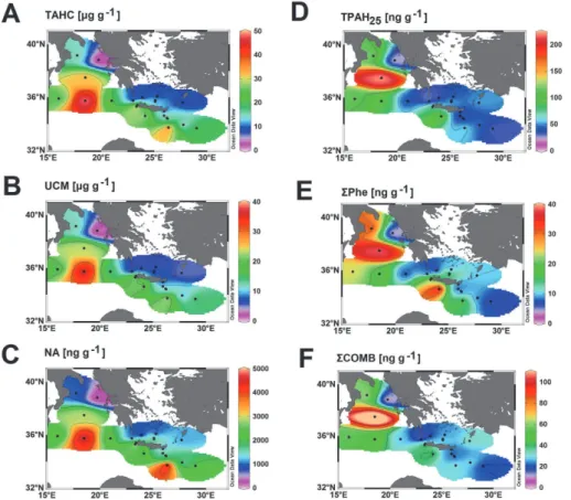 Fig. 3. Spatial distribution of aliphatic and polycyclic aromatic hydrocarbons concentrations in deep-sea sediments across the Eastern Mediterranean Sea.