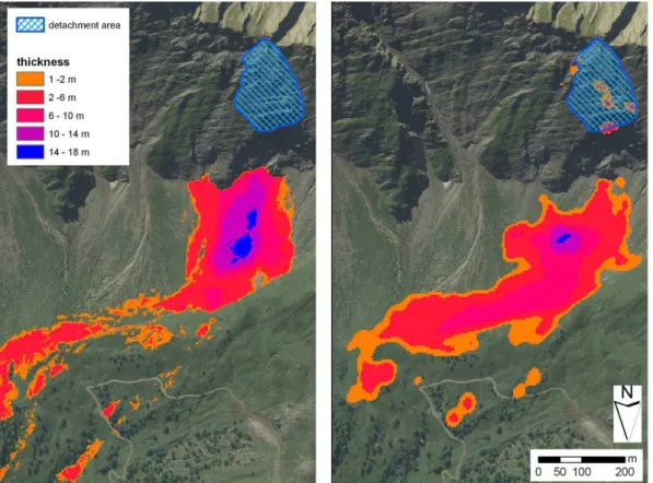 Fig. 13. Comparison between measured (left) and computed by DAN3D (right) rock-avalanche deposit thickness on the scree slope and the plateau.