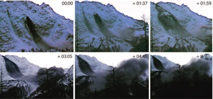 Fig. 4. Photographic sequence of the rock avalanche on the 24 December 2008 (E. Zerga)