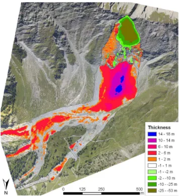 Fig. 8. Thickness map of the detachment and accumulation zones obtained after subtraction of 2009 from 2008 LiDAR DEM;  thick-ness values are in meters.