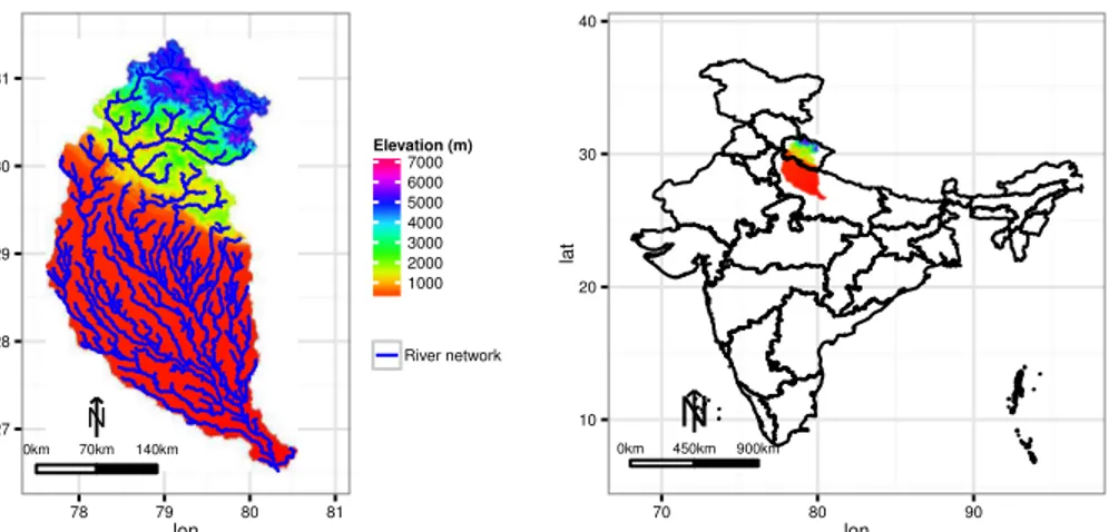 Figure 1. Right side: location map of the study area in north India. Left side: Digital Elevation Model (DEM) of the UG basin showing the ranges of the elevations (m altitude) and the river network.