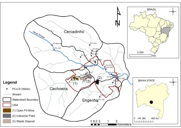 Figure 1: Location of the Caetíté Experimental Basin (CEB), with a  highlight on the groundwater  sampling points and the main source terms of the installation (open-pit mine, waste deposit, and the  industrial plant)
