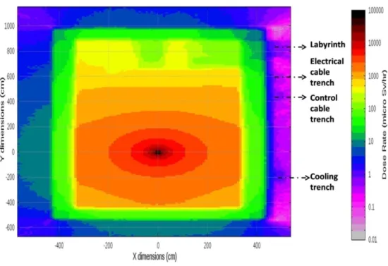 Figure 6: FLUKA results on dose rate distributions in XY view (z= -0.2 m plane)