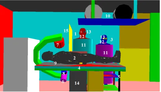 Figura 1. Modelo computacional de exposição: (1) médico cardiologista, (2) paciente, (3) enfermeira, (4) mesa cirúrgica, (5) mesa de instrumentação, (6) tubo de raios X, (7) intensificador de imagem, (8) medidor de PKA, (9) medidor de DEP, (10) monitores d