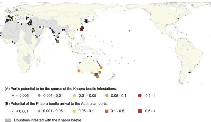Figure 1. A geographical distribution of the Khapra beetle arrival potential to Australian ports