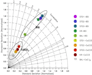 Fig. 5. Taylor diagram comparing modelled distributions of BSi and CaCO 3 in the top first cm of sediments for all 5 experiments.