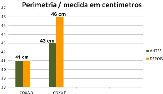 Gráfico 6: Perimetria da região medial da coxa  Fonte: Dados coletados pelo autor 34 cm 33 cm 36 cm 34,5 cm 46 cm 43 cm 