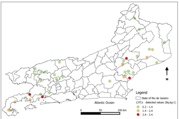 Figure 2. Distribution of the detected values of  137 Cs concentration in soil of Rio de Janeiro  State (color figure available online)