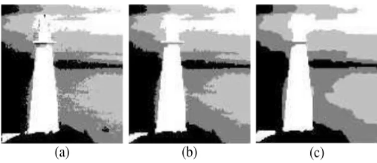 Fig. 8.  Regions merging for the fused index image F f  of the Tower image: (a)  Before  region  merging;  (b)  After  regions  merging  with  SR=30  and  the   4-connected condition; (c) After boundary smoothing 