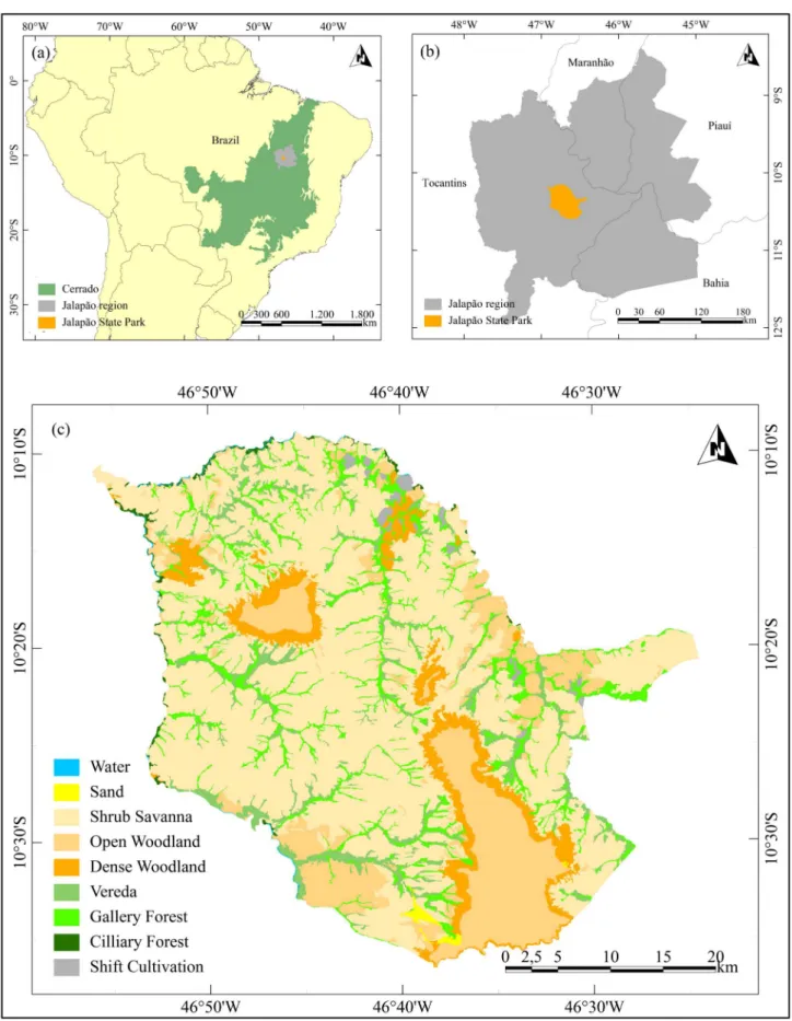 Figure 2. Location and land cover map of Jalapa˜o State Park. (a) Cerrado biome (green) and Jalapa˜o region (grey) in Brazil, (b) location of Jalapa˜o State Park (orange) within Jalapa˜o region (green), (c) land cover map adapted from the source map of [44